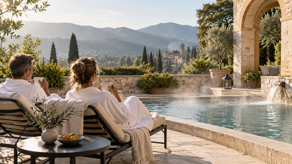 Pareja descansando junto a una piscina termal con paisaje tranquilo