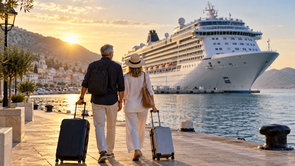 Viajeros con maletas caminando hacia un crucero en puerto mediterráneo