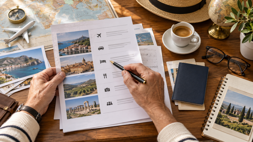Manos revisando un itinerario de viaje sobre una mesa con mapa y café