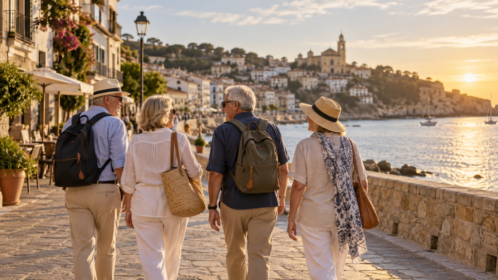 Grupo de viajeros maduros caminando por un paseo costero al atardecer